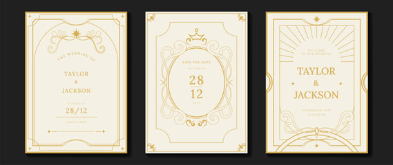 Luxury wedding invitation card vector. Elegant art deco classic antique design, gold lines gradient, frame on light background. Premium design illustration for gala, grand opening, VIP cover.