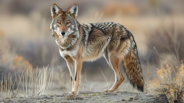 Visual guide the anatomy of Canis latrans Coyote showing adaptations for desert environments and pack hunting behaviors in North American deserts with copy space and open space