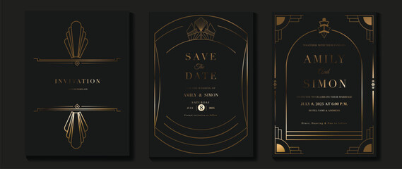 Luxury wedding invitation card vector. Elegant art deco classic antique design, gold lines gradient, frame on dark background. Premium design illustration for gala, grand opening, VIP cover.