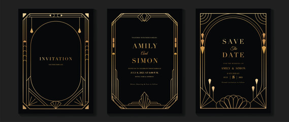 Luxury wedding invitation card vector. Elegant art deco classic antique design, gold lines gradient, frame on dark background. Premium design illustration for gala, grand opening, VIP cover.