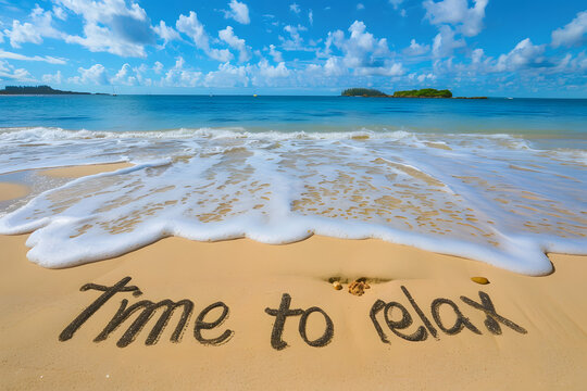 time to relax, concept written on sandy beach