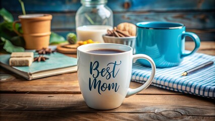 A solitary white ceramic mug with bright blue accents and sentimental script, reading 'best mom', sits serenely on a rustic wooden table, beside coffee and tea essentials.
