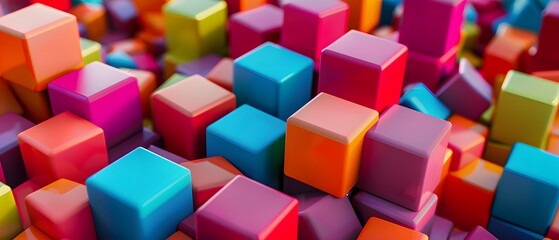 Vibrant colorful cubes in a 3D abstract geometric pattern, showcasing dynamic modern design with vivid block shapes and bright hues.
