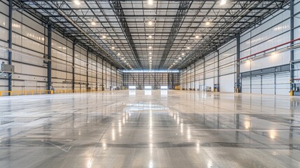 Obraz premium A spotless smart warehouse with clean surfaces and ample natural light. The bright, clear lighting and organized layout highlight its modern design.