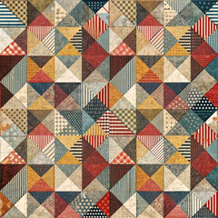 Retro patchwork seamless pattern with geometric shapes, vintage quilt design, antique fabric texture, colorful squares and triangles, perfect for home decor, crafts, and fashion