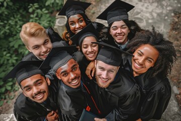 Happy diverse multiethnic graduates in black caps and gowns, huddled together and showing their diplomas with pride and joy