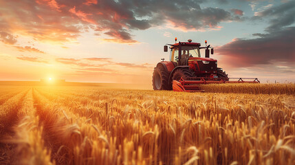 Obraz premium A red heavy truck and tractor working in the field at sunset
