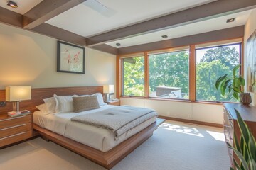 Bedroom with a king-sized bed, stylish decor, and large windows