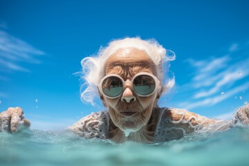 Fototapeta premium 74-year-old Middle Eastern woman swimming in an outdoor pool under extreme heat
