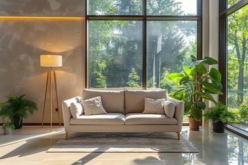 Fototapeta premium A modern living room interior with a sofa created with Generative AI