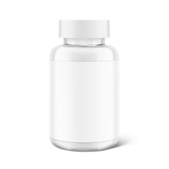 Clear eye catching pill bottle with label mockup for treats, vitamins, supplements  isolated on white background. Vector illustration. ready for your design. EPS10.	
