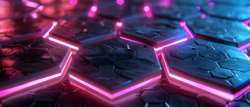 Abstract futuristic hexagon background with neon lights, showcasing a technological and geometric pattern in blue and pink hues.