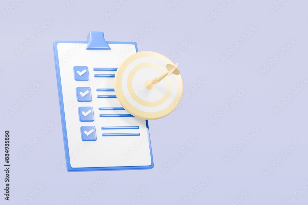Poster 3d target goal with arrow and document approve icon isolated on purple background. teamwork goal ach