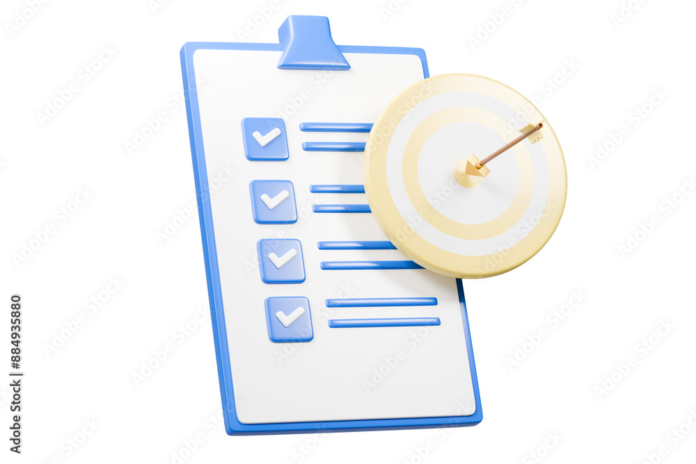 Poster 3d target goal with arrow and document approve icon isolated on purple background. teamwork goal ach
