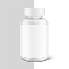 Clear eye catching pill bottle with label mockup for treats, vitamins, supplements  isolated on white and grey background. Vector illustration. Ready for your design. EPS10.	