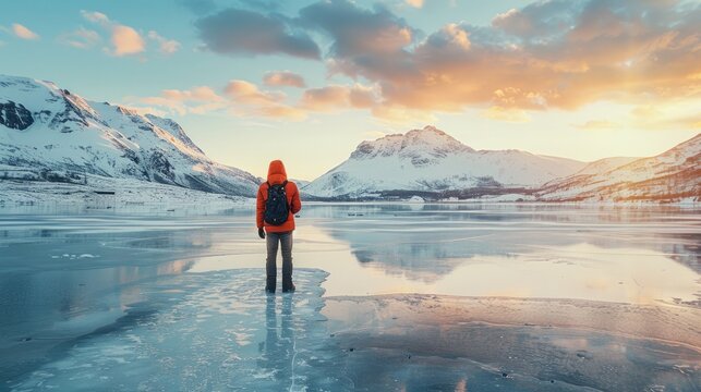 A delighted traveler enjoys a moment of peace by a frozen lake, their content expression mirroring the beauty of the snowy peaks and icy waters, offering generous copy space for customized messaging
