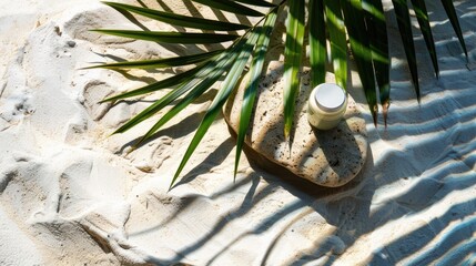Simple product arrangement on rock with palm leaves shadow, raw photo