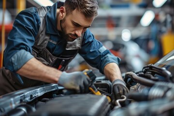 auto mechanic working with car engine in auto repair shop, service and maintenance concept