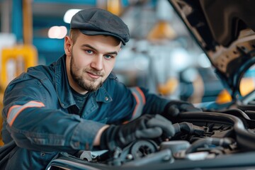 auto mechanic working with car engine in auto repair shop, service and maintenance concept