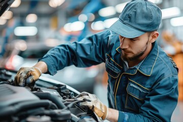 Fototapeta premium auto mechanic working with car engine in auto repair shop, service and maintenance concept
