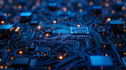 Modern technology circuit board texture background design. Quantum computer technologies concepts, large data processing. Futuristic blue circuit board