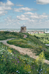 The tower of an ancient Bulgarian fortress on a high cliff on the banks of the Kama River, Elabuga, Tatarstan, Russian Federation