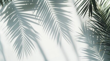 Top view of palm leaf shadow pattern on a white background, subtle and elegant
