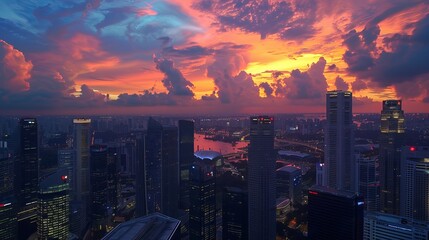 Obraz premium ION Sky, Orchard, Singapore, July 2016: A sunset panorama of Singapore city seen from the 55th floor observation deck of ION Sky in Orchard.