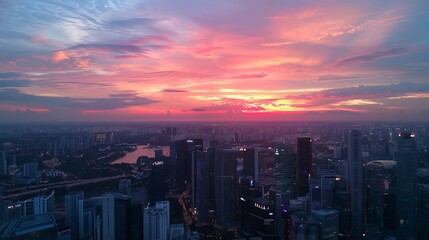 Fototapeta premium ION Sky, Orchard, Singapore, July 2016: A sunset panorama of Singapore city seen from the 55th floor observation deck of ION Sky in Orchard.