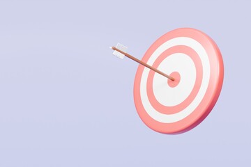 3d Red Target and arrow icon isolated on purple background. Teamwork goal achievement and success, Targeting the business concept. Minimal cartoon targeting goal with arrow. 3d render.