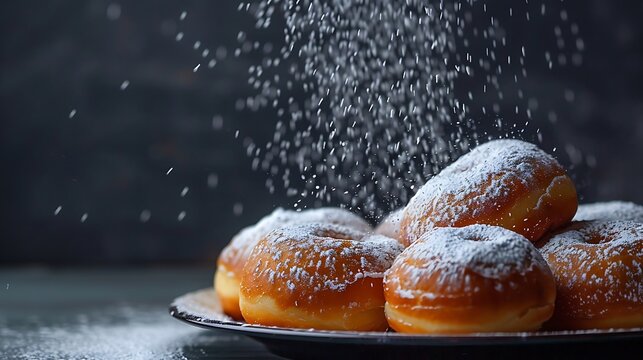 A detailed shot a plate sufganiyot (jelly doughnuts) dusted powdered sugar.