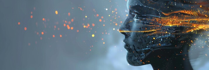 AI, Artificial Intelligence. Robot Head with digital graphic on light background. Future technology. Horizontal banner, free space for text. Digital technology, AI brain and information concept