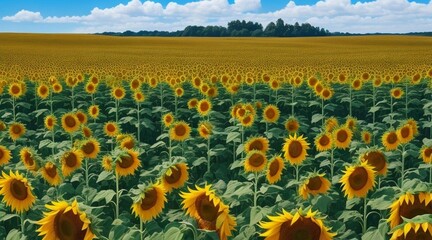Obraz premium A field of sunflowers under a bright blue sky.