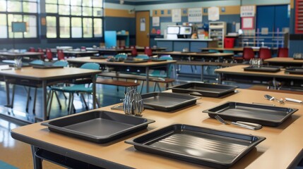 A school cafeteria with trays and utensils designed for easy handling, and tables at various heights to accommodate wheelchairs and students with mobility aids.