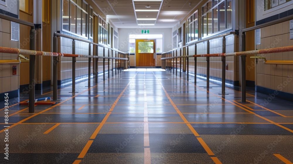 Aufkleber a school hallway with guidance rails and a floor marked with high-contrast, textured lines leading t