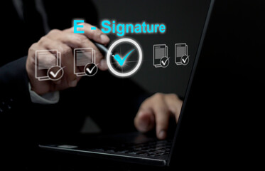 Businessman sign on virtual online document. Online business contract Electronic signature, e-signing, digital management, paperless office, signing business contract concept.