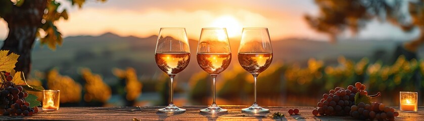 Three wine glasses filled with rose wine on a wooden table with a scenic vineyard and sunset in the background, creating a romantic ambiance.