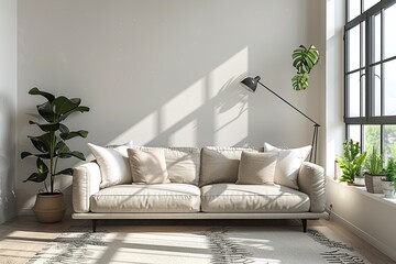 A modern living room interior with a sofa created with Generative AI