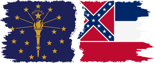 Mississippi and Indiana states grunge brush flags connection vector