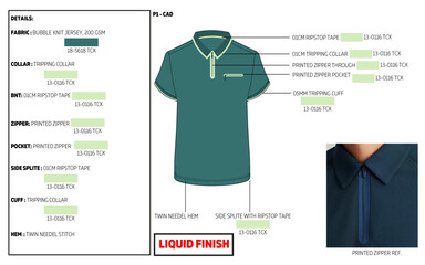 mens zip through long sleeve teal colour pique polo shirt tech pack vector.  © MdAbir