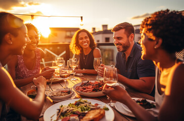 Group Of Friends Having Dinner On Rooftop Terrace With Beautiful Sunset Views And Lively Conversations