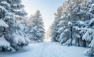 Snow-covered path through a forest of frosted pine trees.