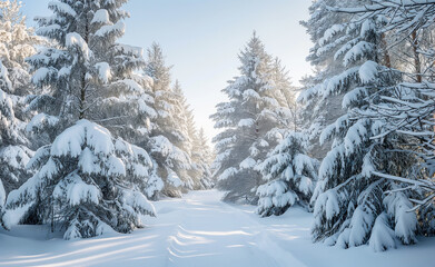 Snow-covered path through a forest of frosted pine trees.