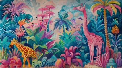 Obraz premium Colorful Giraffes in a Tropical Jungle