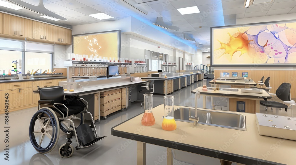 Poster a science lab with stations designed for students who use wheelchairs, featuring lower countertops a