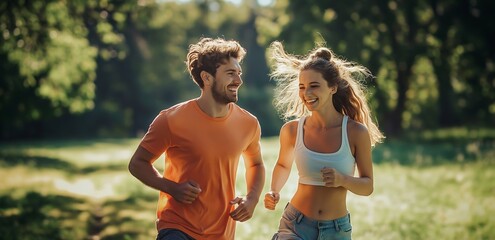 Young couple is jogging in the park, smiling and enjoying sports . background features lush green grass, bright sunlight, creating an atmosphere of movement and vitality