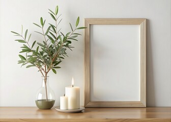 Horizontal wooden frame mockup with green olive twigs in vase and candle on white wall background. A4, A3, A size, 3d rendering, illustration