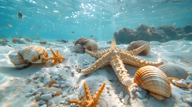 Many seashells and sea starfishes on sea bottom