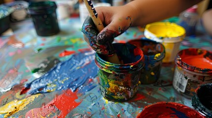 ：Inspiring Art Classroom Ambiance with Diverse Students Engaged in Creative Expression through Various Art Projects, Encapsulating the Essence of Visual Arts Education and Art Therapy