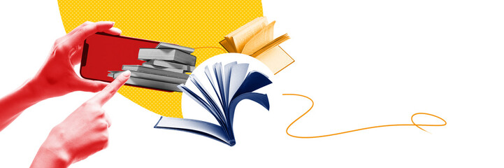 Banner. Contemporary art collage. Hand tap on screen of smartphone on stack of books against...